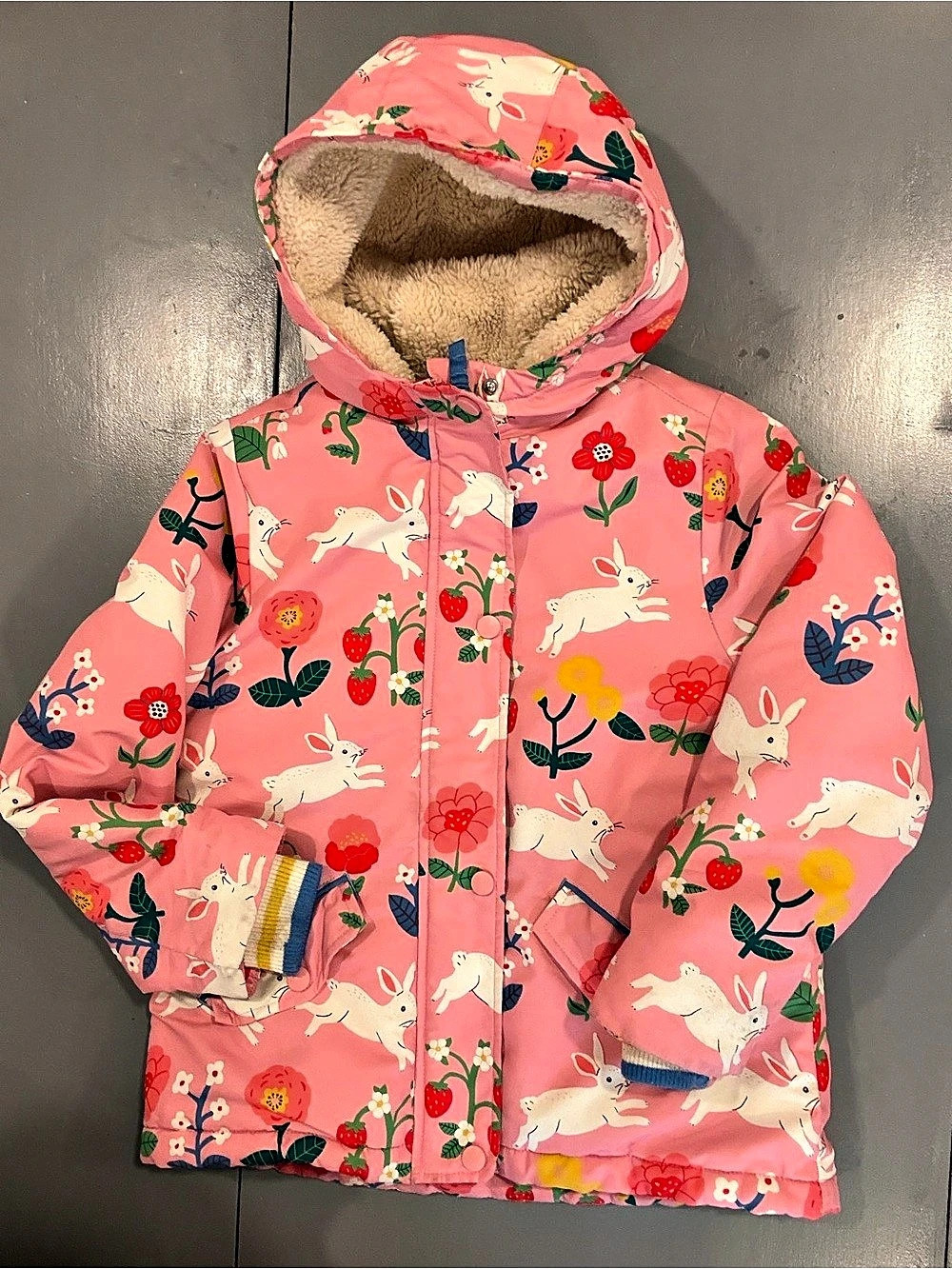 Mini Boden Sherpa Lined Bunny Anorak Floral Puffer Jacket Pink